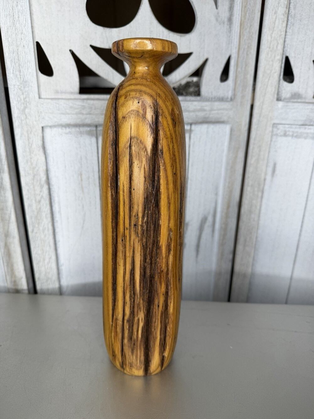 Hand Carved Wood Candle Holder Art Deco Primitive Rustic OOAK 13.75in